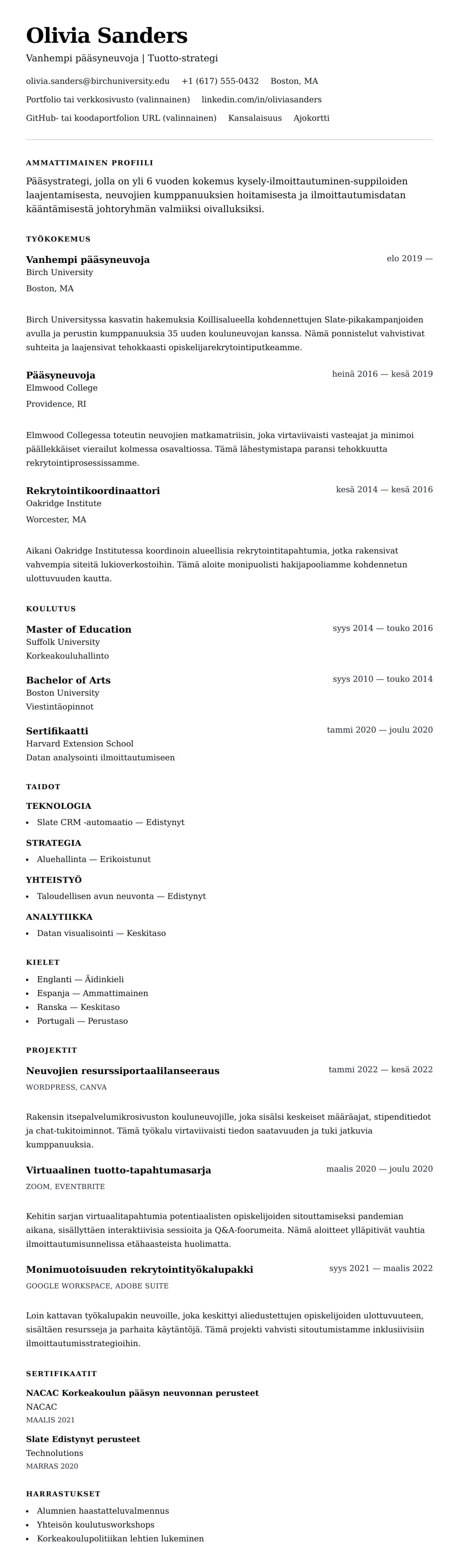 Ansioluetteloesikatselu kohteelle Korkeakoulun pääsyneuvojan ansioluetteloesimerkki