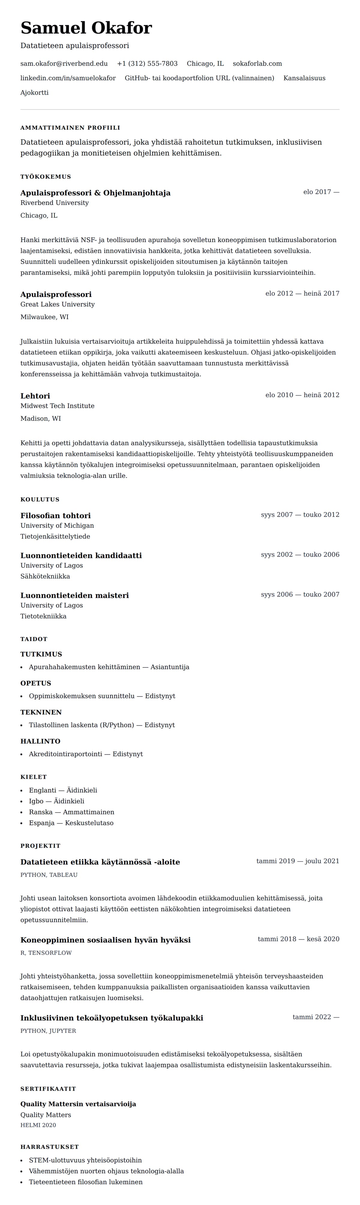 Ansioluetteloesikatselu kohteelle Yliopiston professorin ansioluetteloesimerkki