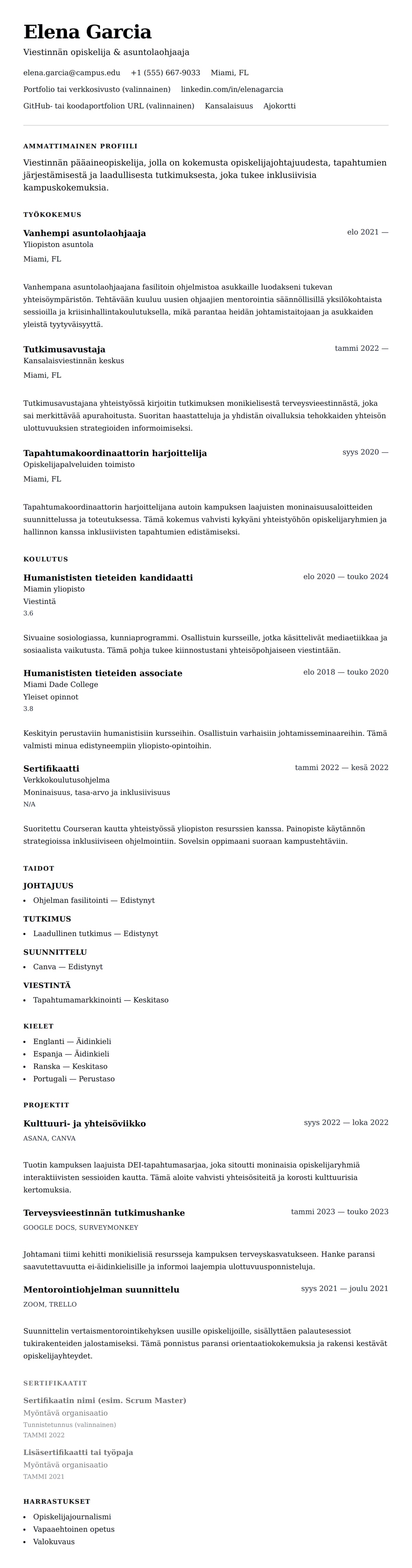 Ansioluetteloesikatselu kohteelle Yliopisto-opiskelijan ansioluetteloesimerkki