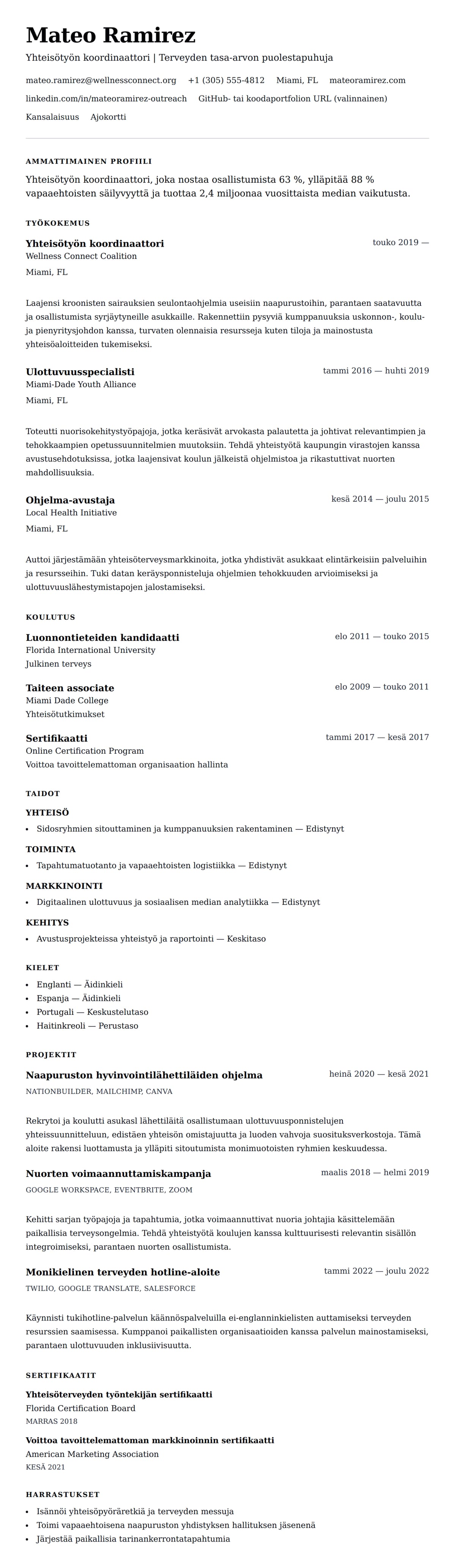 Ansioluetteloesikatselu kohteelle Yhteisötyön koordinaattorin ansioluetteloesimerkki