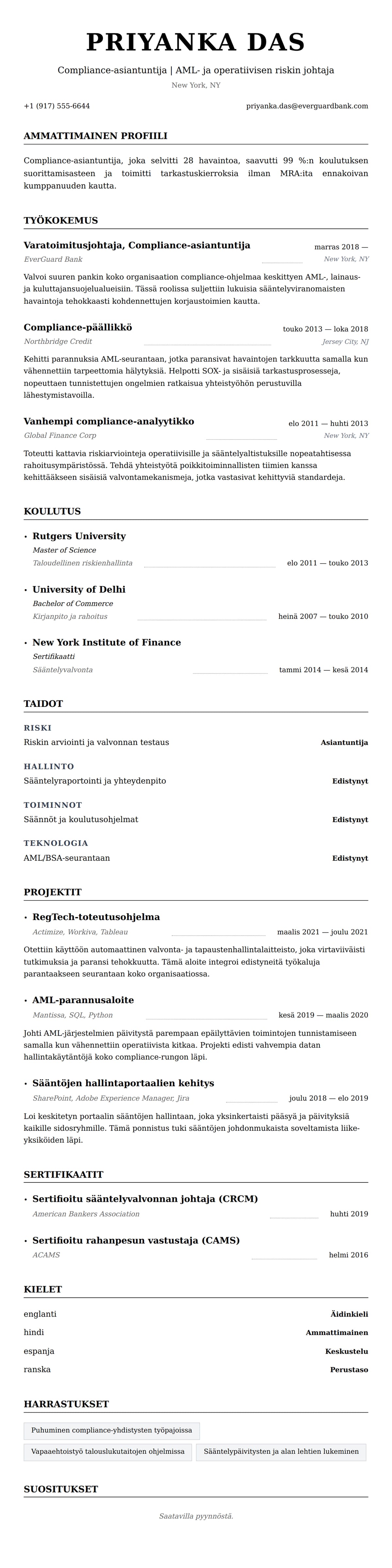 Ansioluetteloesikatselu kohteelle Compliance-asiantuntijan ansioluettelon esimerkki