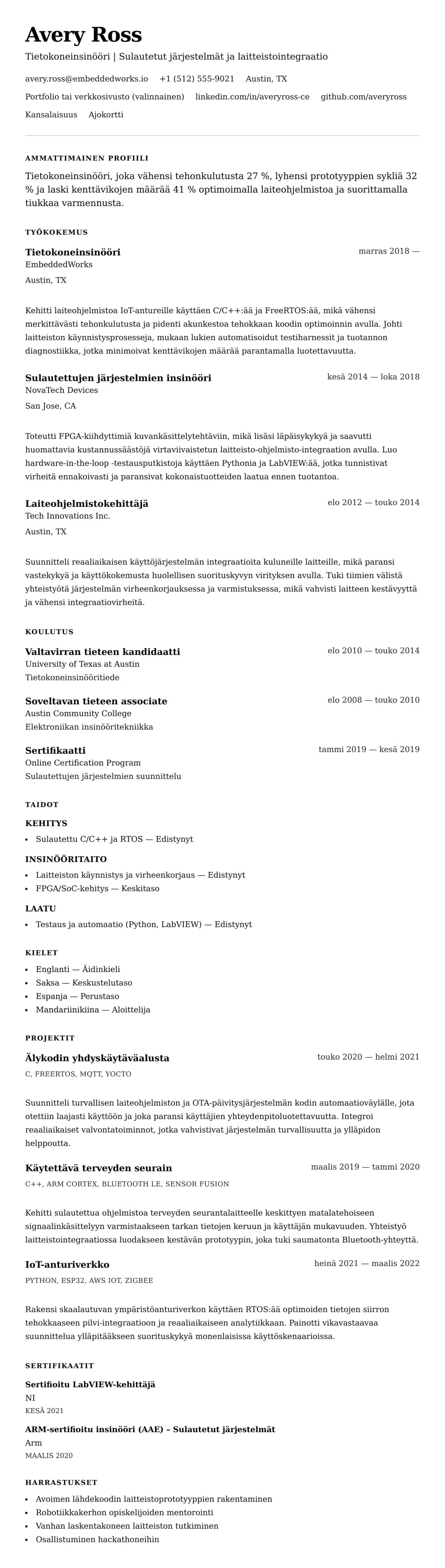 Ansioluetteloesikatselu kohteelle Tietokoneinsinöörin ansioluetteloesimerkki