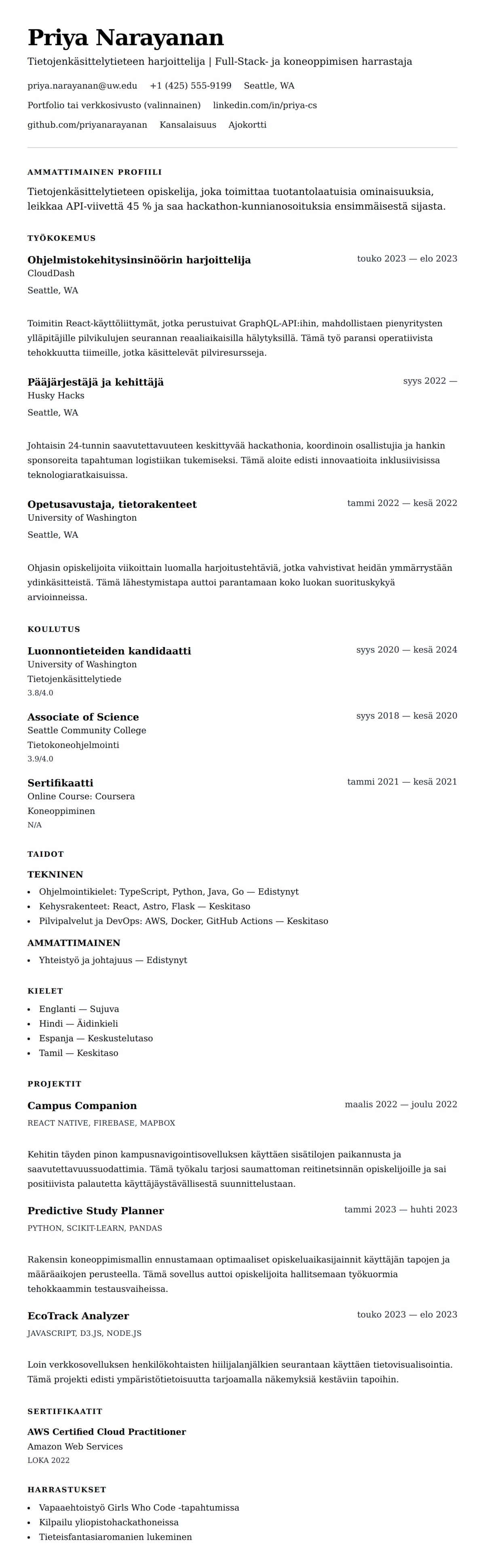 Ansioluetteloesikatselu kohteelle Tietojenkäsittelytieteen harjoittelun ansioluetteloesimerkki