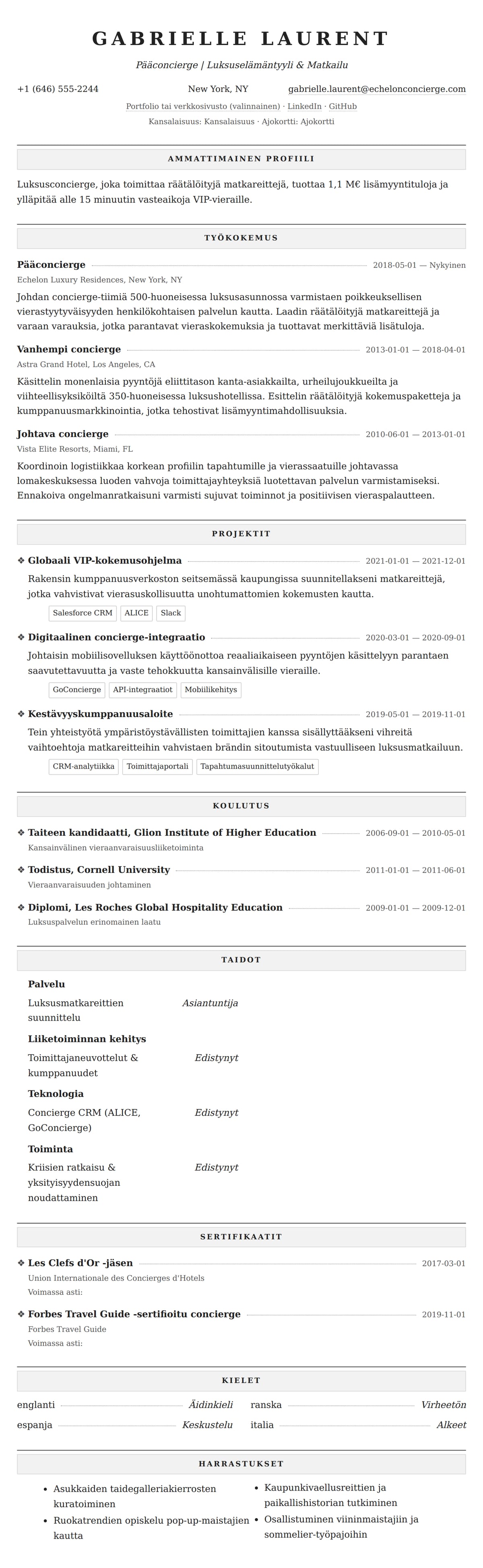 Ansioluetteloesikatselu kohteelle Concierge-ansioluetteloesimerkki