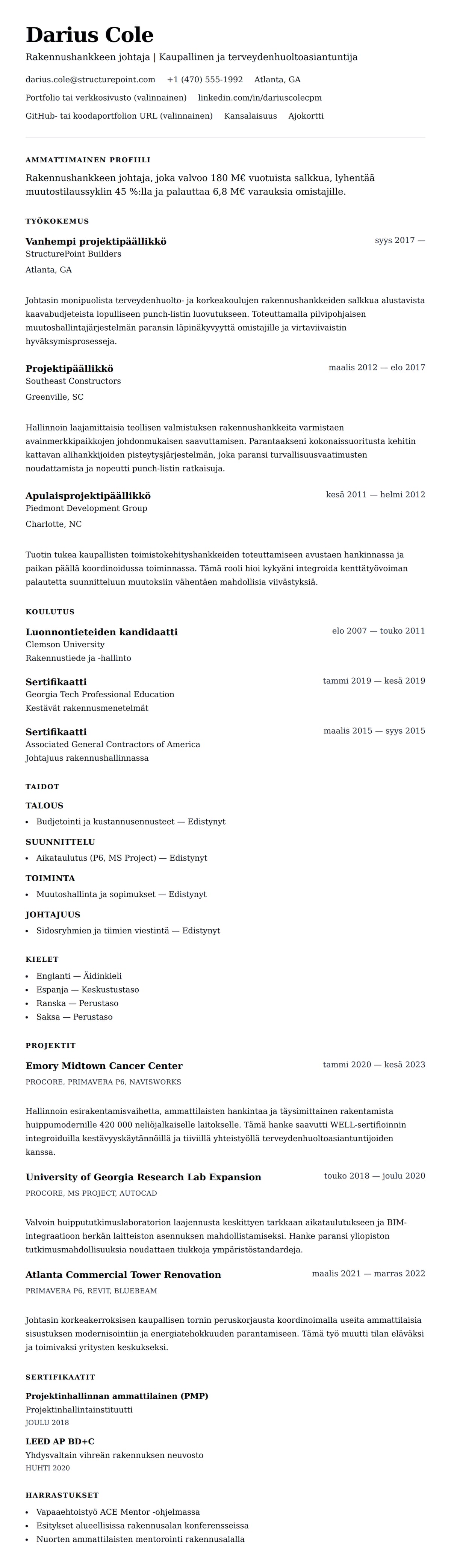 Ansioluetteloesikatselu kohteelle Rakennushankkeen johtajan ansioluetteloesimerkki