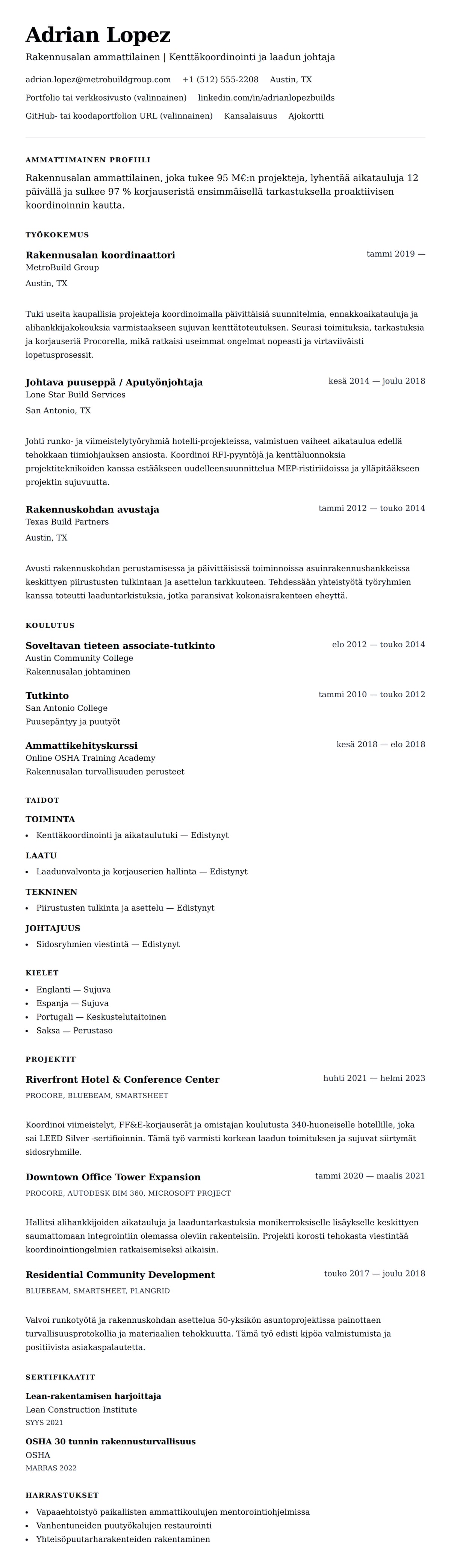 Ansioluetteloesikatselu kohteelle Rakennusalan ammattilaisen ansioluetteloesimerkki