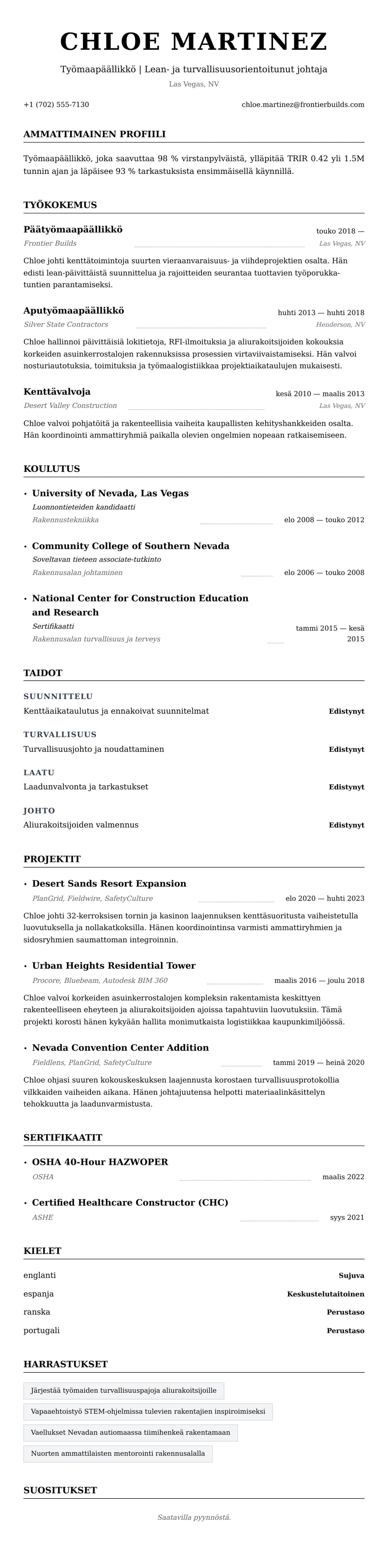 Ansioluetteloesikatselu kohteelle Työmaapäällikön ansioluetteloesimerkki