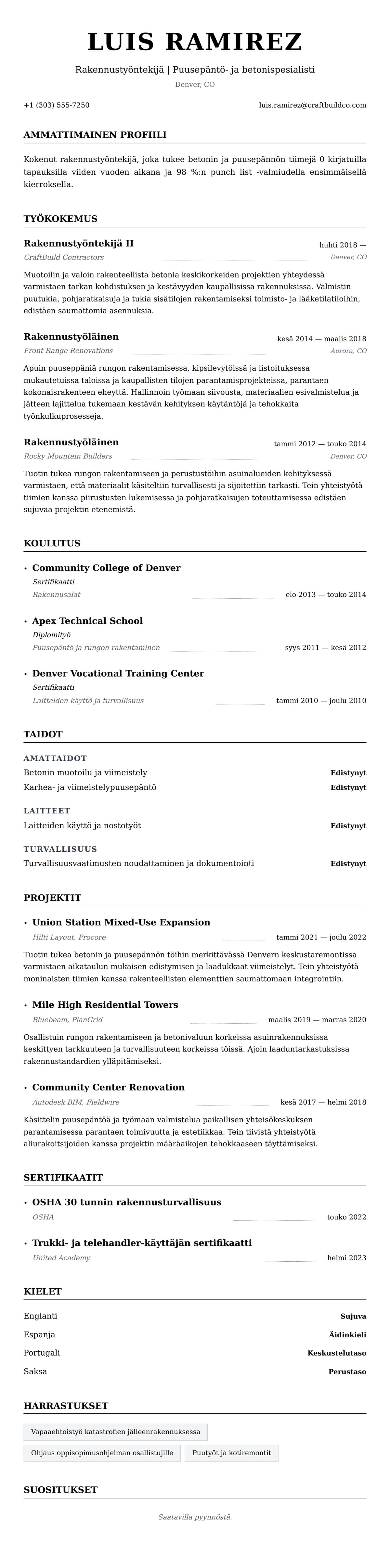Ansioluetteloesikatselu kohteelle Rakennustyöntekijän ansioluetteloesimerkki