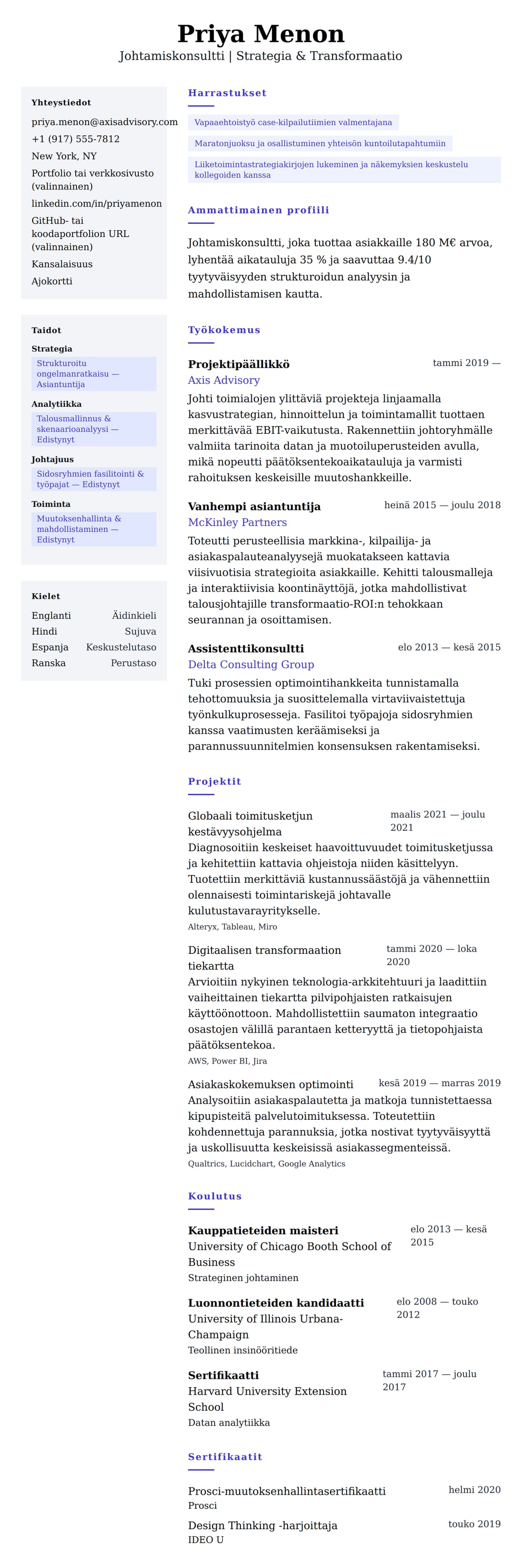 Ansioluetteloesikatselu kohteelle Johtamiskonsultin ansioluetteloesimerkki