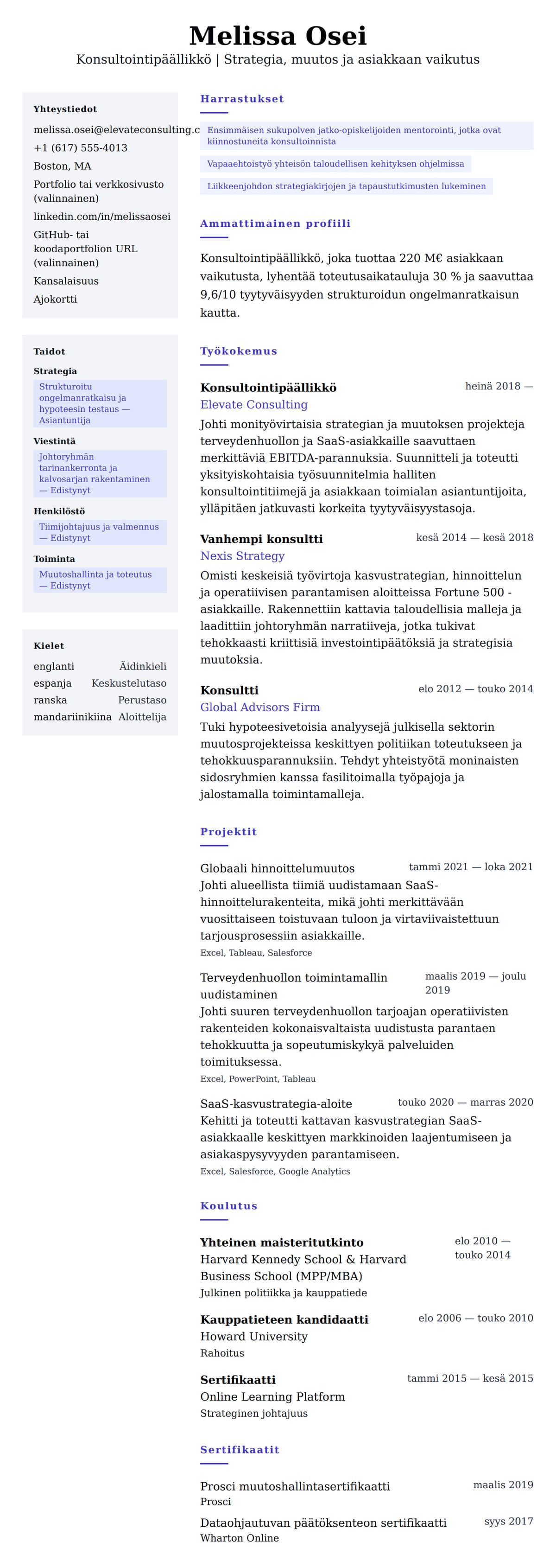 Ansioluetteloesikatselu kohteelle Konsultointipäällikön ansioluetteloesimerkki