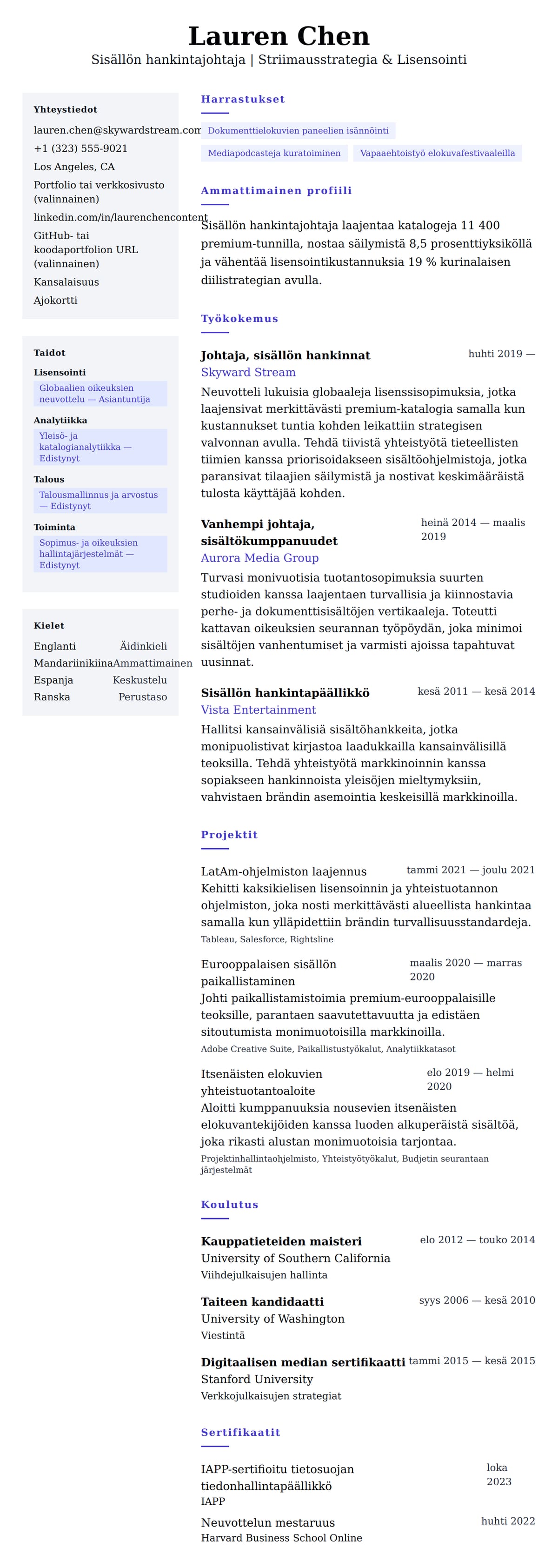 Ansioluetteloesikatselu kohteelle Sisällön hankintajohtajan ansioluetteloesimerkki