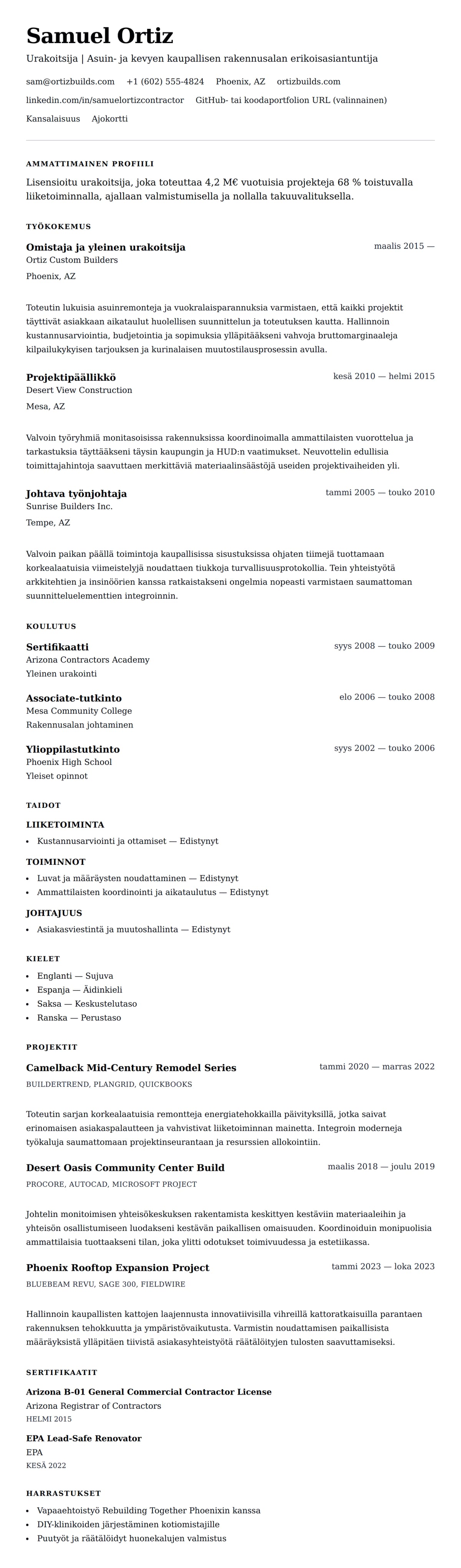 Ansioluetteloesikatselu kohteelle Urakoitsijan CV-esimerkki