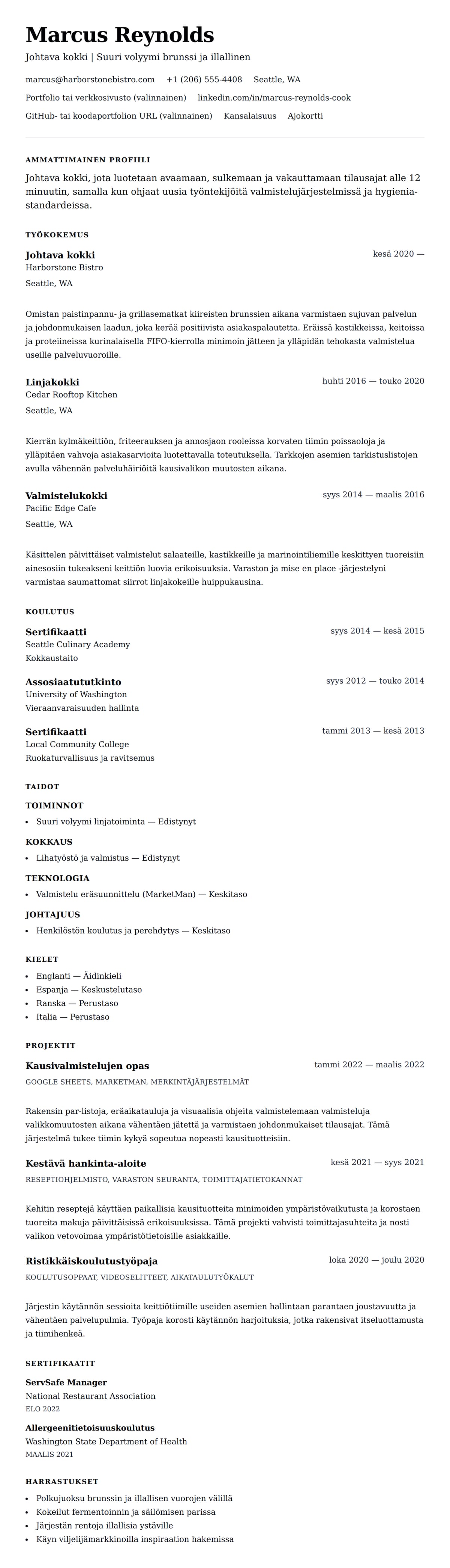 Ansioluetteloesikatselu kohteelle Kokki – Ansioluetteloesimerkki