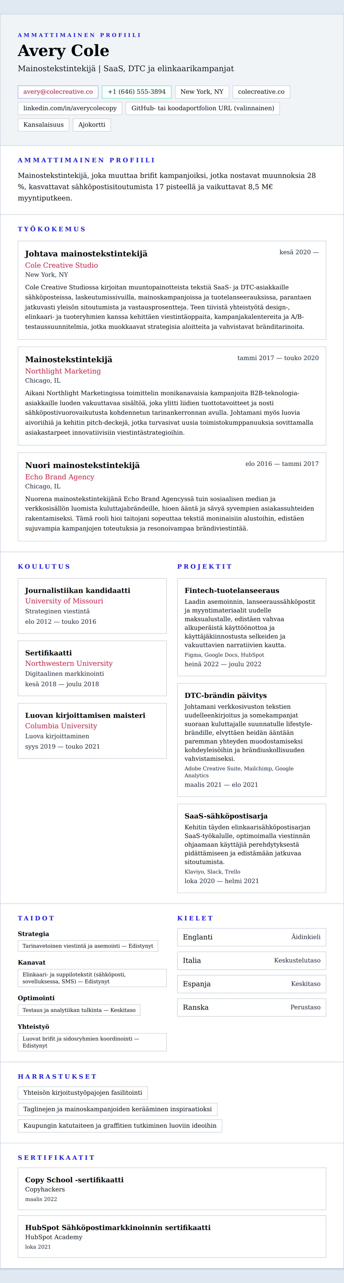 Ansioluetteloesikatselu kohteelle Mainostekstintekijän ansioluetteloesimerkki