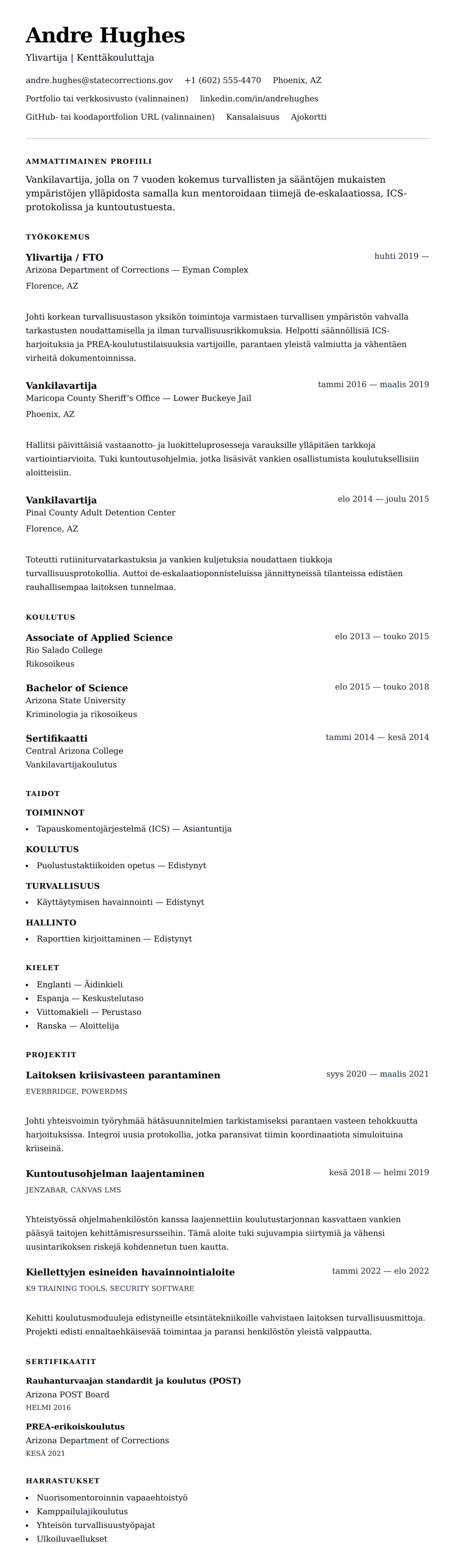 Ansioluetteloesikatselu kohteelle Vankilavartijan ansioluetteloesimerkki