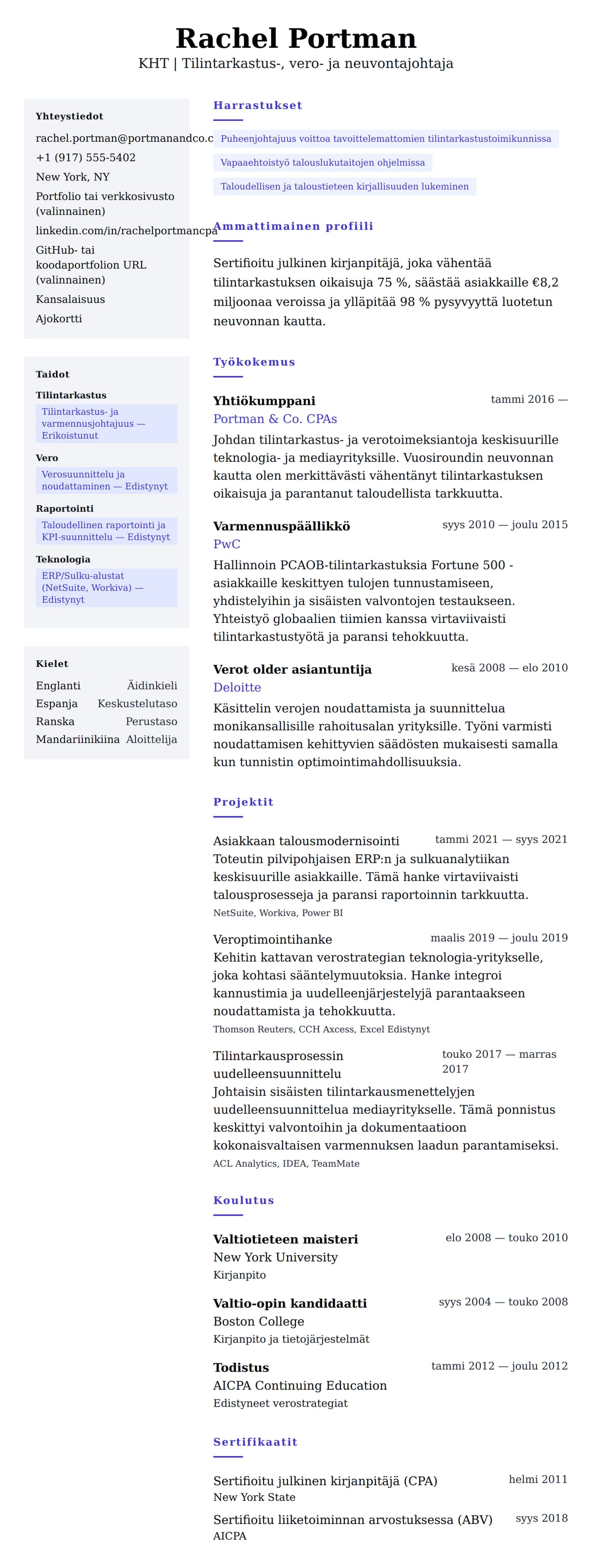 Ansioluetteloesikatselu kohteelle Sertifioitu julkinen kirjanpitäjä ansioluetteloesimerkki