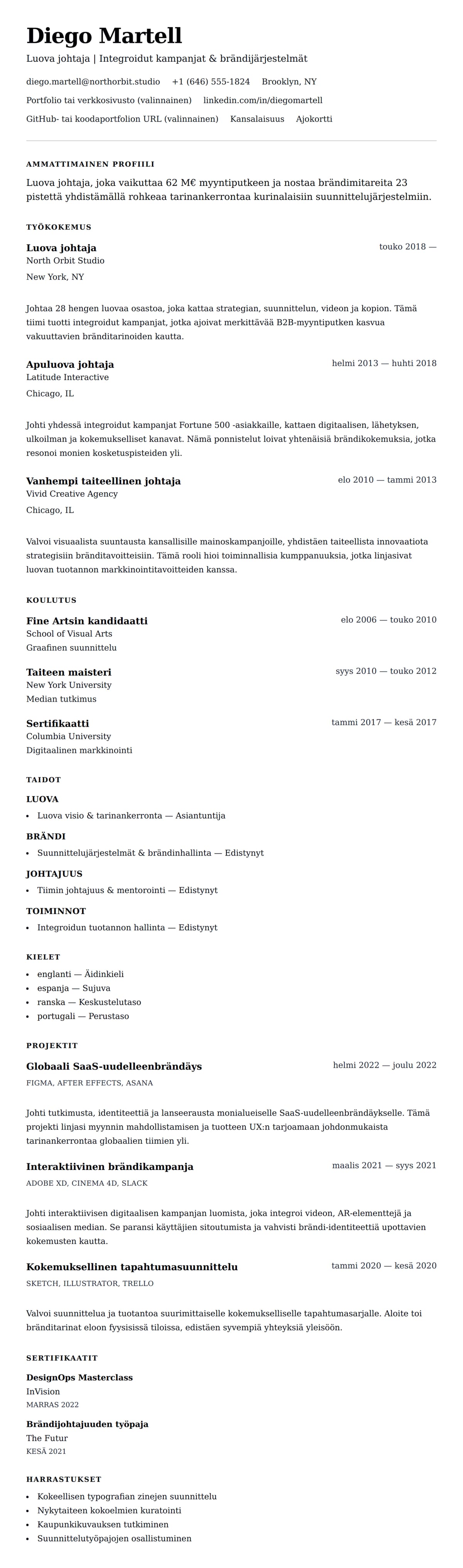 Ansioluetteloesikatselu kohteelle Luova johtaja - CV-esimerkki