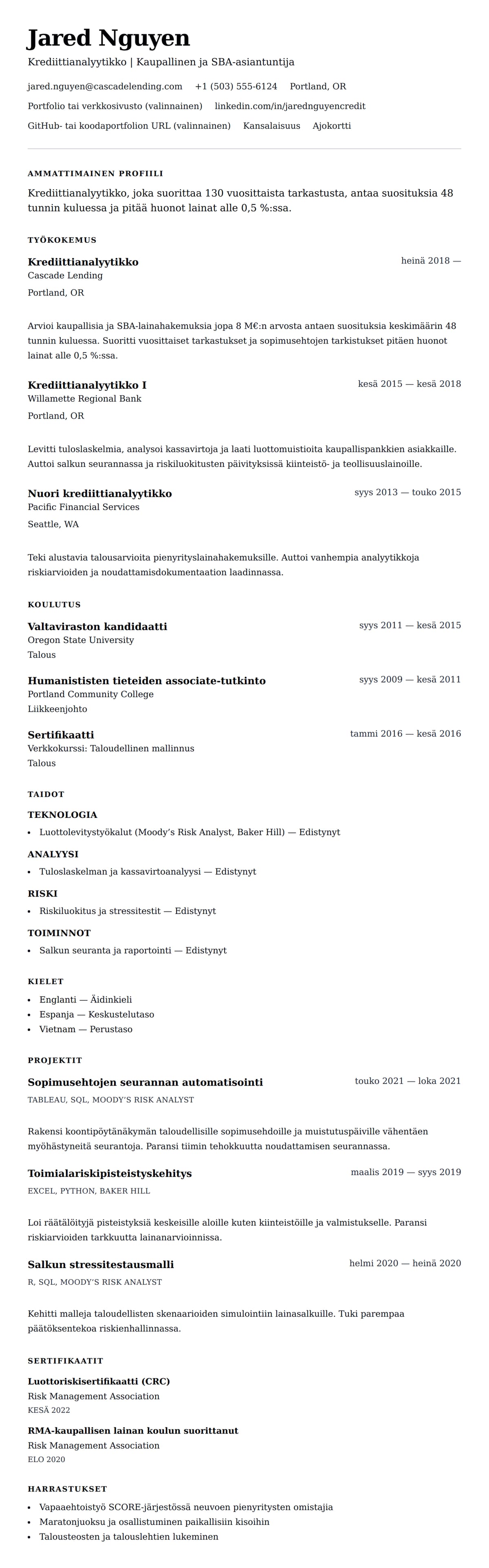 Ansioluetteloesikatselu kohteelle Krediittianalyytikon ansioluettelo esimerkki