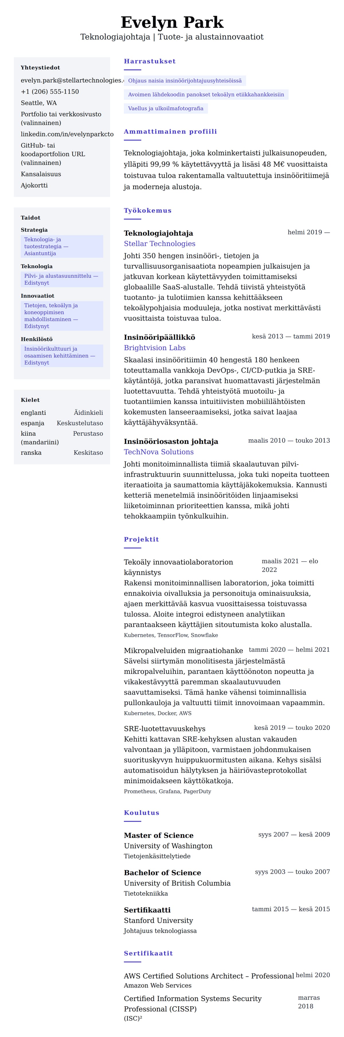 Ansioluetteloesikatselu kohteelle Teknologiajohtajan ansioluetteloesimerkki