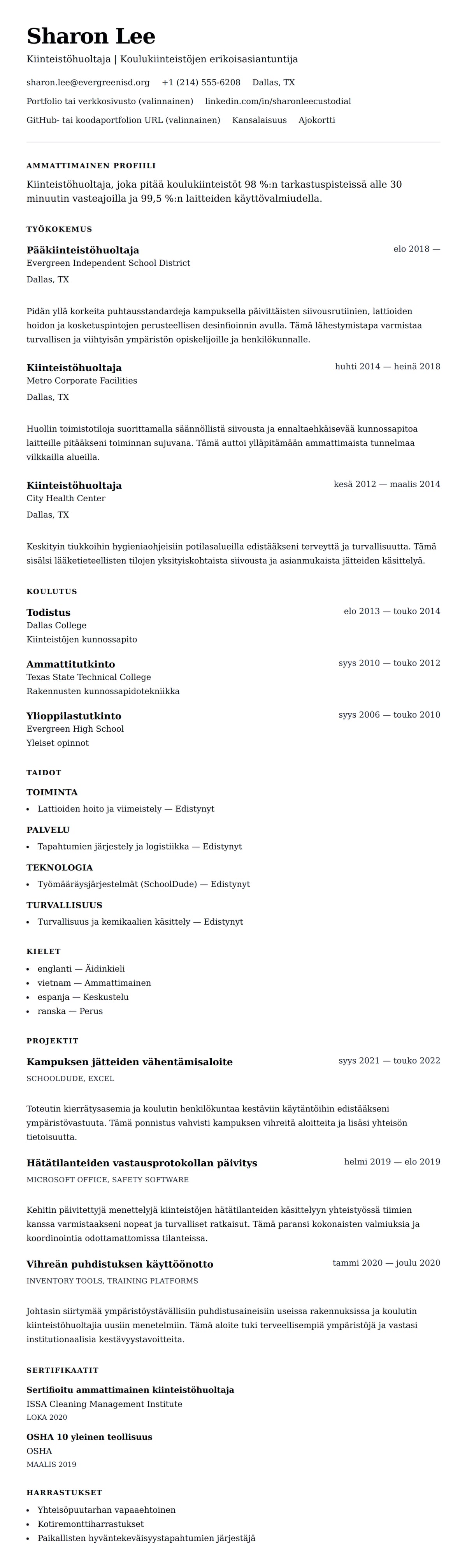 Ansioluetteloesikatselu kohteelle Kiinteistöhuoltajan ansioluettelon esimerkki