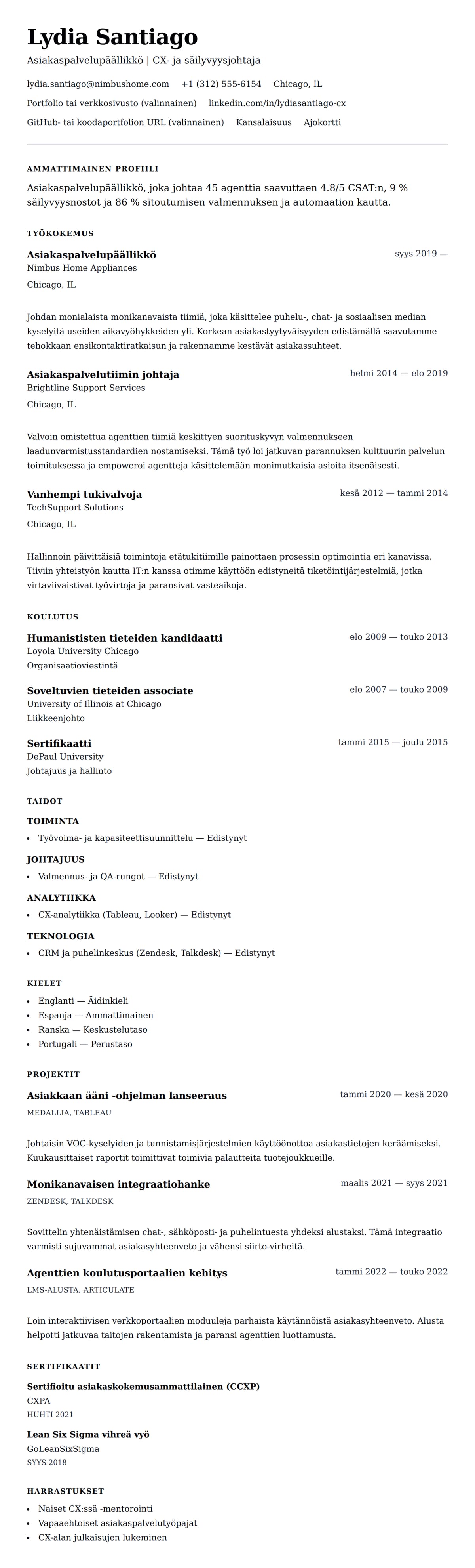 Ansioluetteloesikatselu kohteelle Asiakaspalvelupäällikön ansioluettelon esimerkki