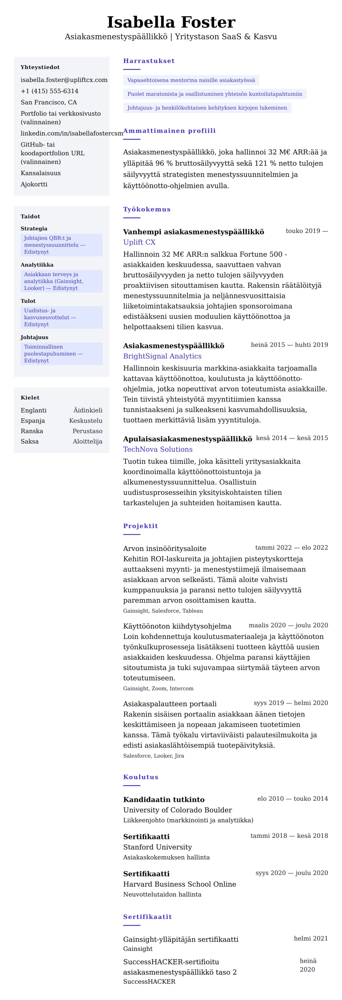 Ansioluetteloesikatselu kohteelle Asiakasmenestyspäällikkö ansioluetteloesimerkki