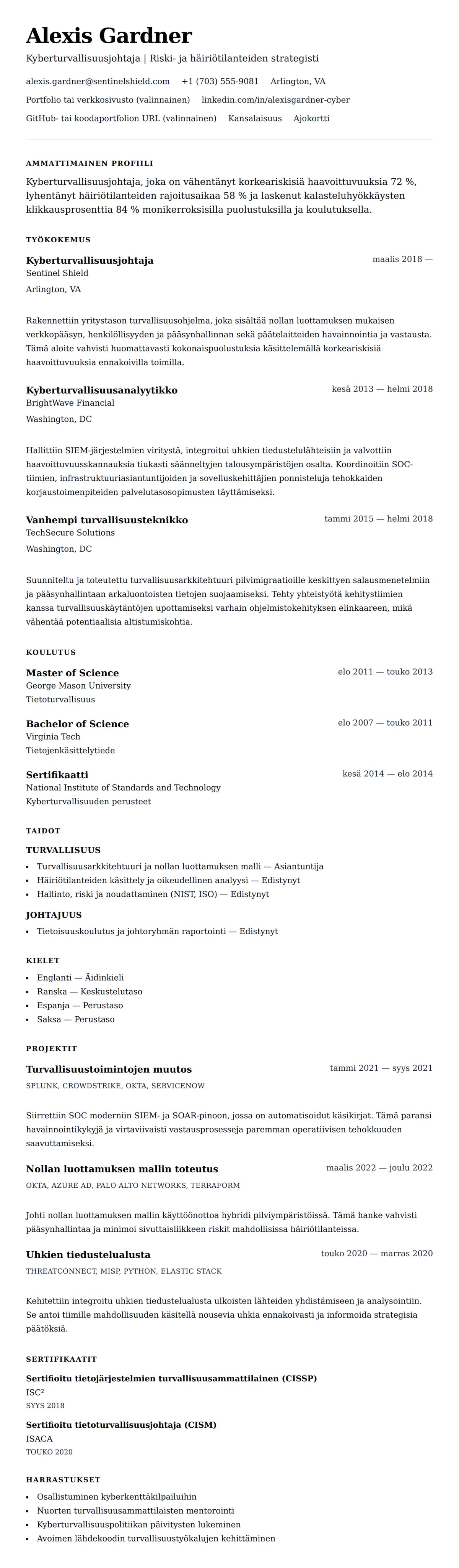 Ansioluetteloesikatselu kohteelle Kyberturvallisuusammattilaisen ansioluetteloesimerkki