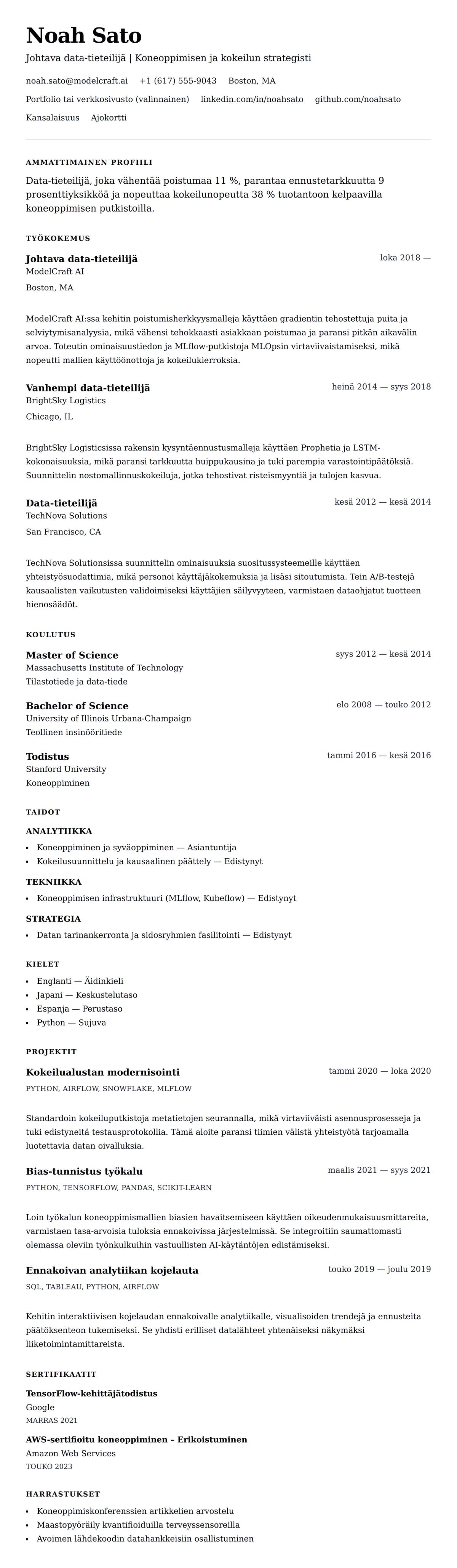 Ansioluetteloesikatselu kohteelle Data-tieteilijän ansioluetteloesimerkki