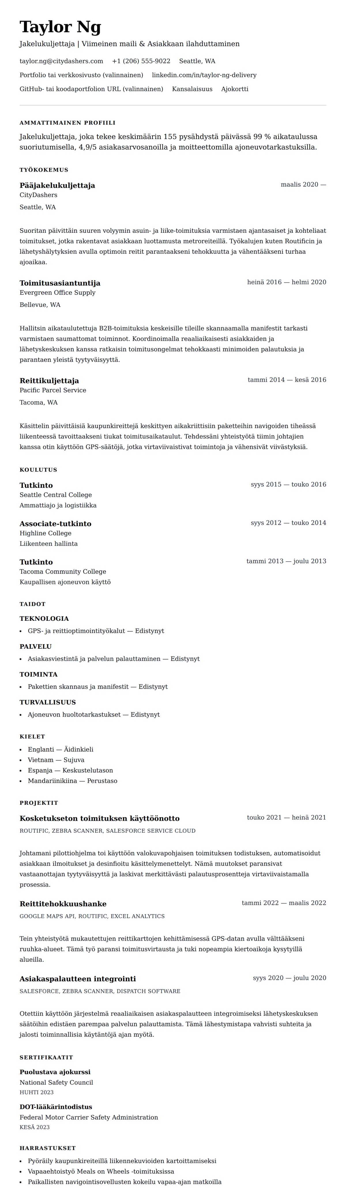 Ansioluetteloesikatselu kohteelle Jakelukuljettajan CV-esimerkki