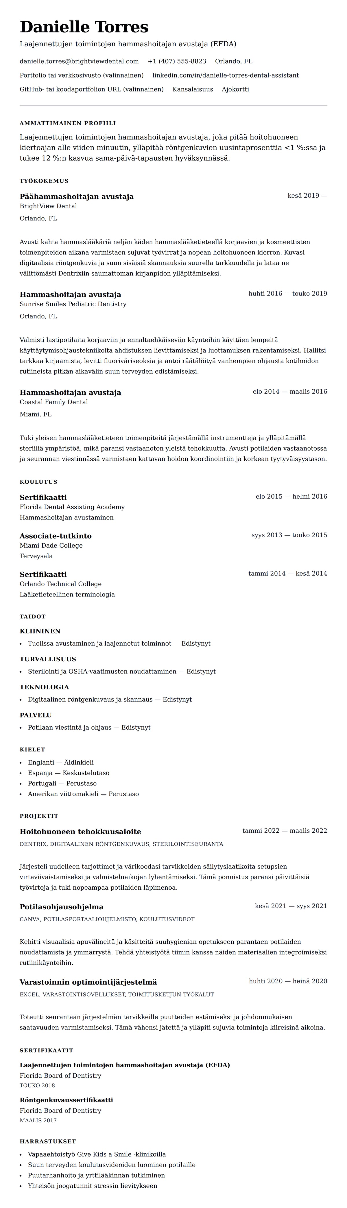 Ansioluetteloesikatselu kohteelle Hammashoitajan avustajan ansioluetteloesimerkki