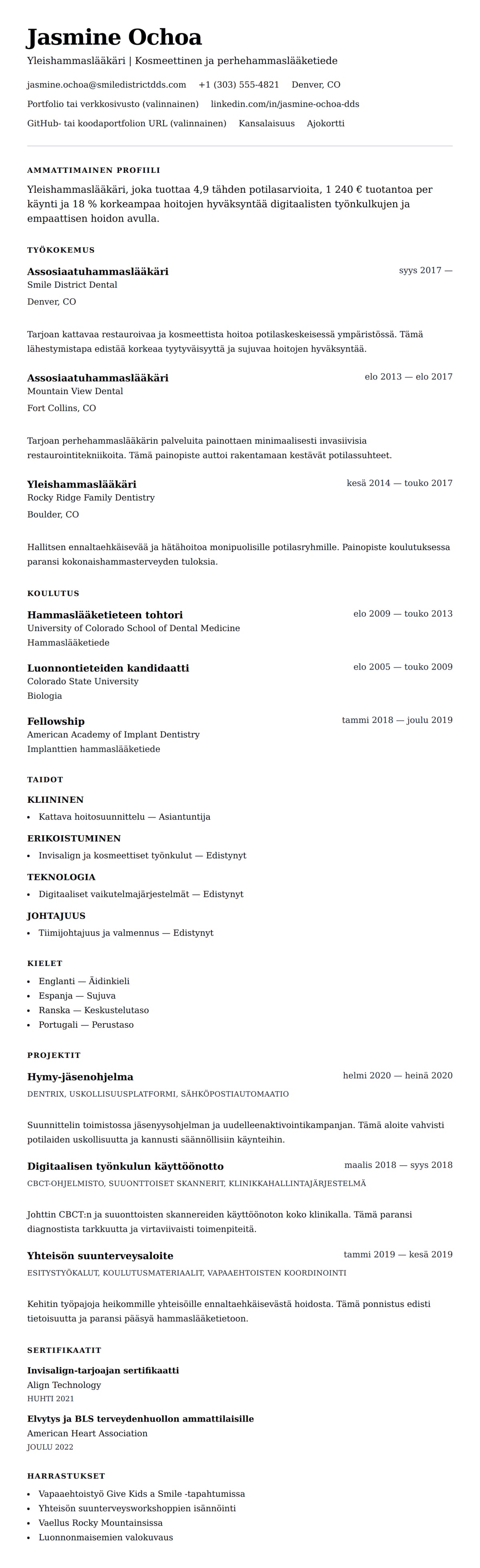 Ansioluetteloesikatselu kohteelle Hammaslääkärin ansioluettelon esimerkki