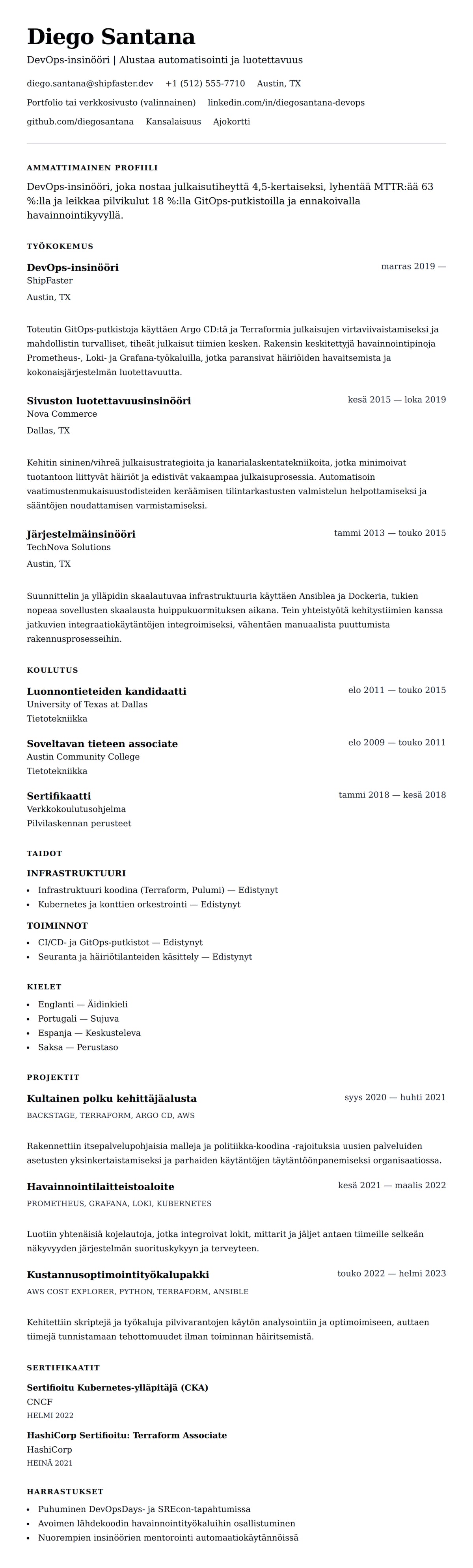 Ansioluetteloesikatselu kohteelle DevOps-insinöörin ansioluetteloesimerkki