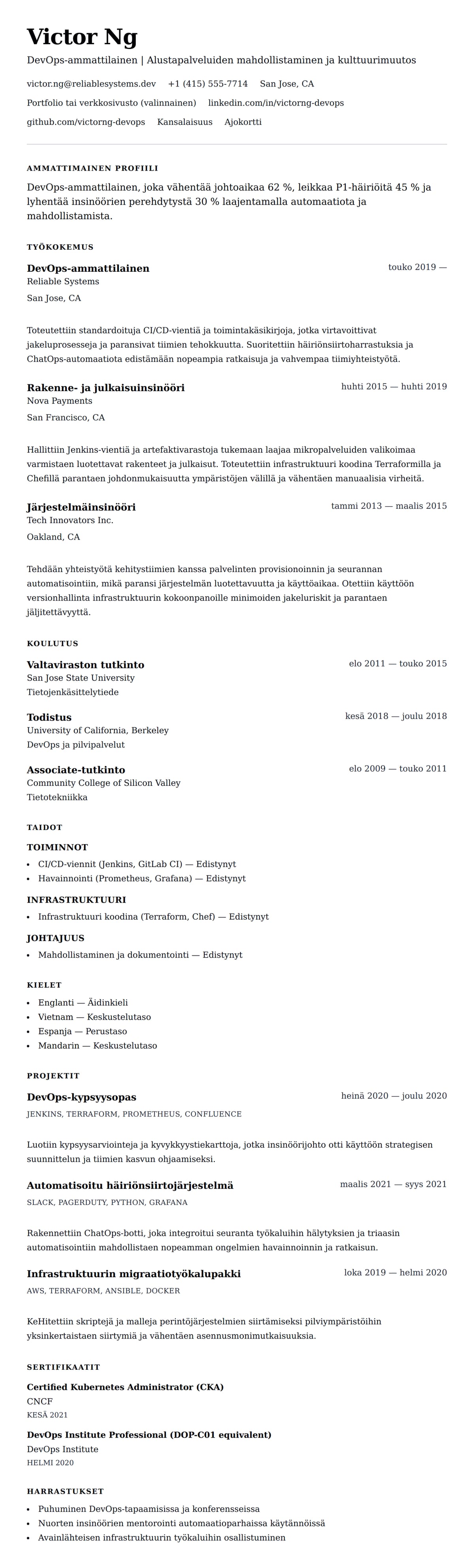 Ansioluetteloesikatselu kohteelle DevOps-ammattilaisen ansioluetteloesimerkki