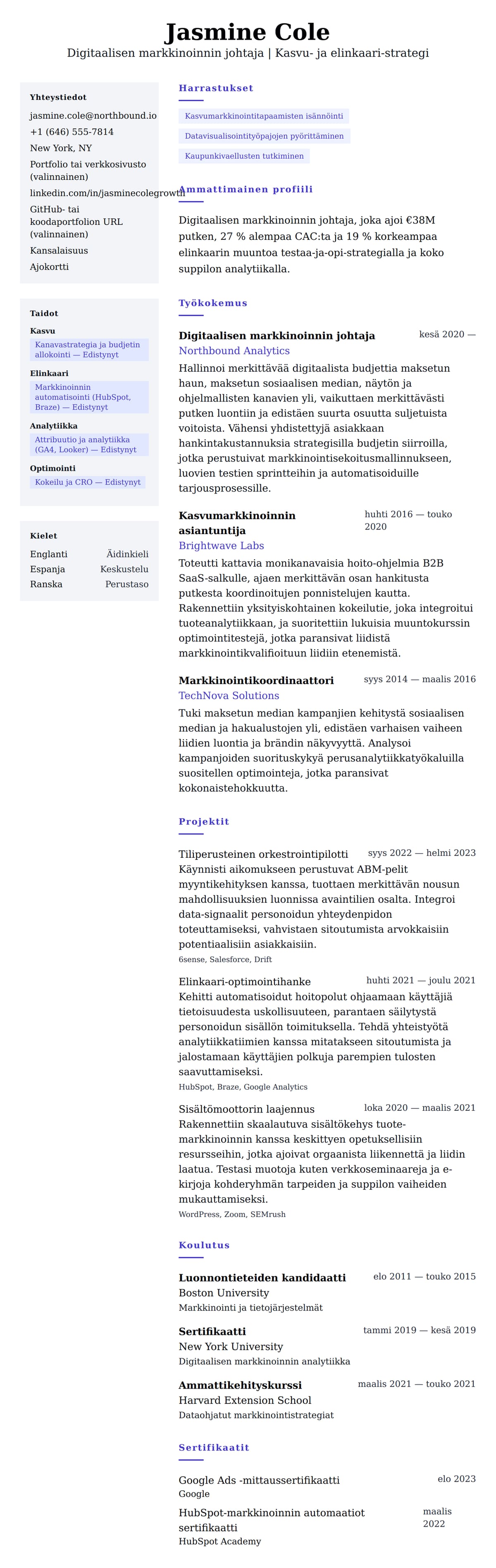 Ansioluetteloesikatselu kohteelle Digitaalisen markkinoinnin johtajan ansioluetteloesimerkki