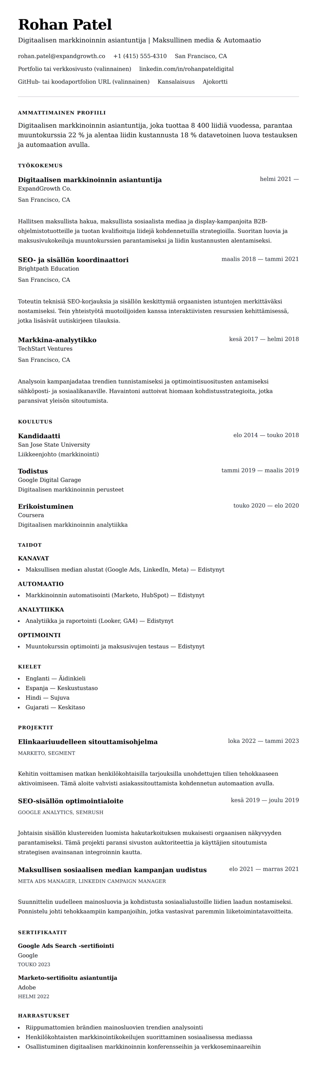 Ansioluetteloesikatselu kohteelle Digitaalisen markkinoinnin asiantuntijan ansioluettelon esimerkki