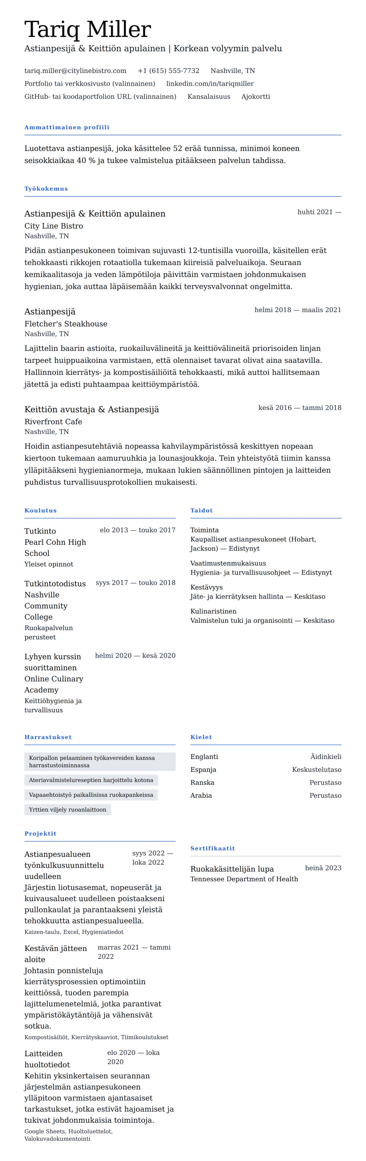 Ansioluetteloesikatselu kohteelle Astianpesijän ansioluetteloesimerkki