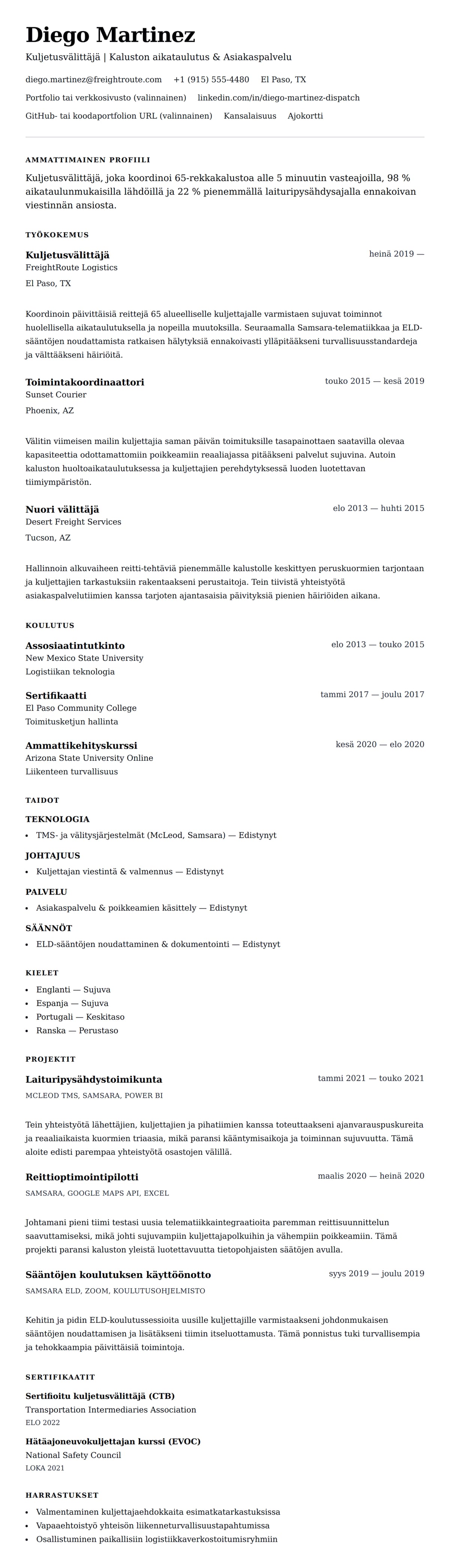 Ansioluetteloesikatselu kohteelle Kuljetusvälittäjän ansioluetteloesimerkki