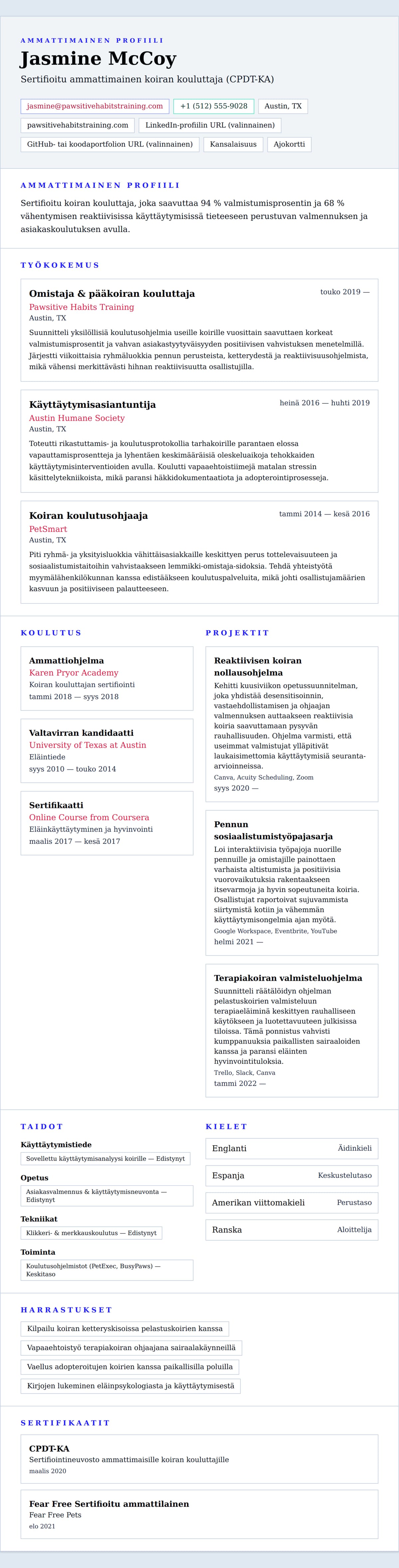 Ansioluetteloesikatselu kohteelle Koiran kouluttajan CV-esimerkki