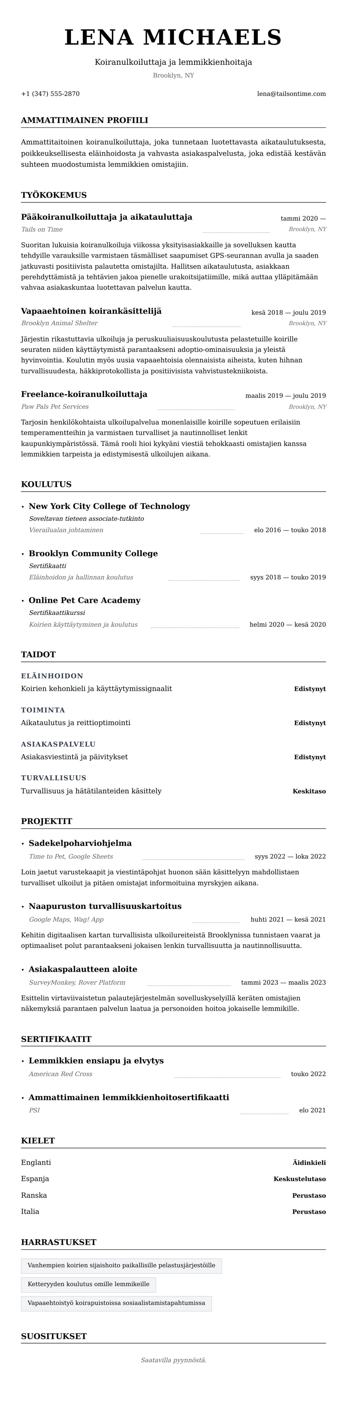 Ansioluetteloesikatselu kohteelle Koiranulkoiluttajan ansioluetteloesimerkki