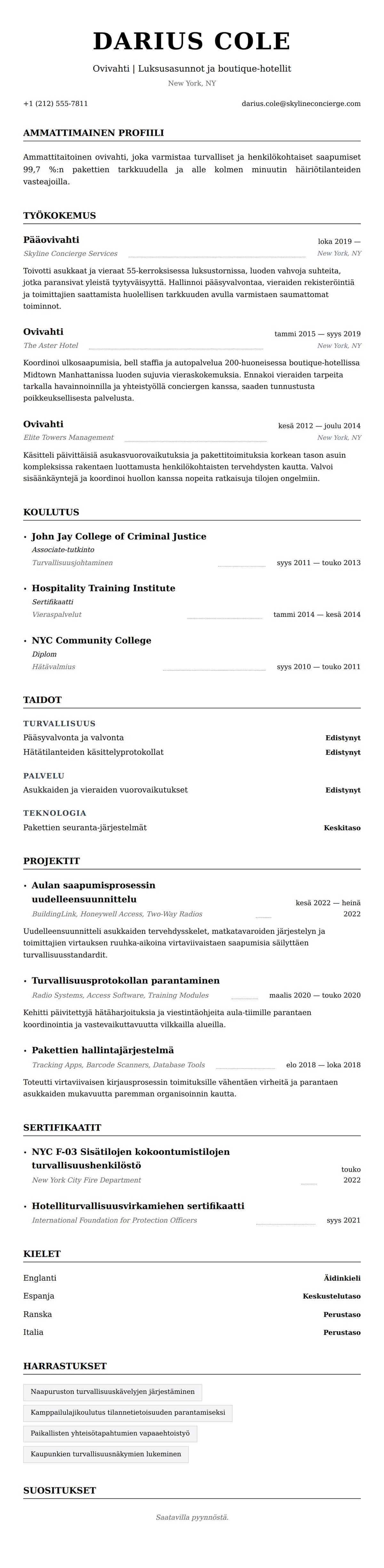 Ansioluetteloesikatselu kohteelle Esimerkki ovivahdin ansioluettelosta