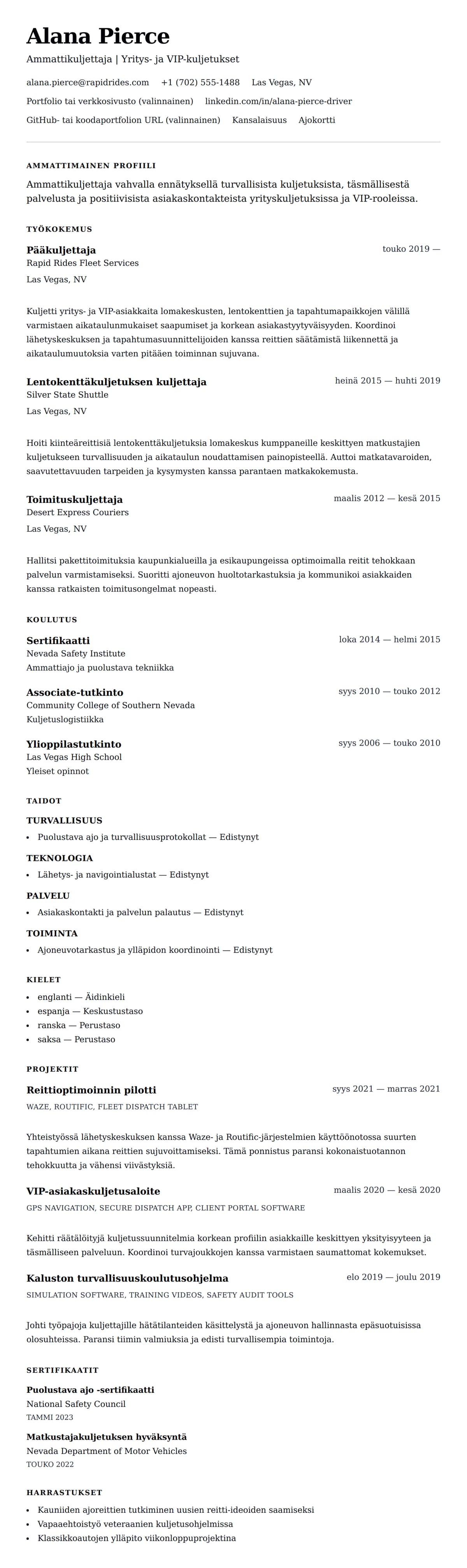 Ansioluetteloesikatselu kohteelle Kuljettajan ansioluetteloesimerkki