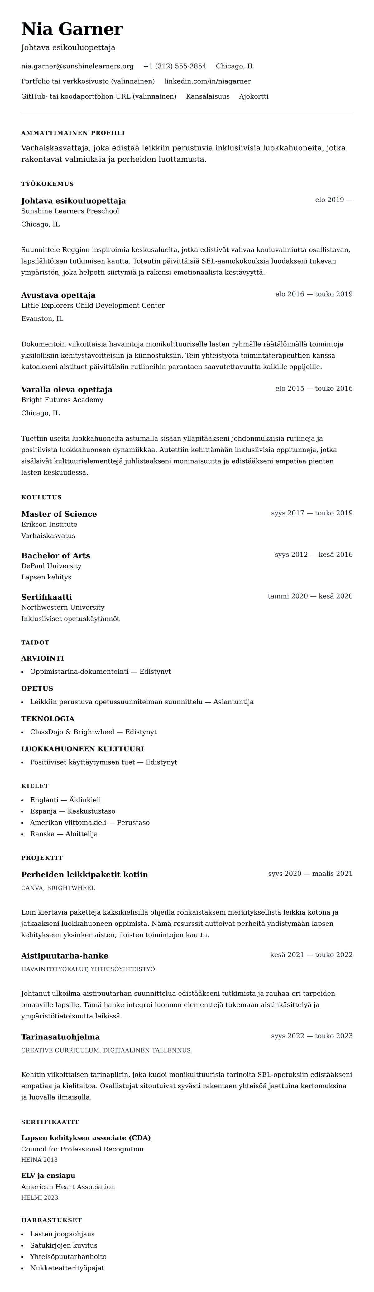 Ansioluetteloesikatselu kohteelle Varhaiskasvattajan ansioluetteloesimerkki