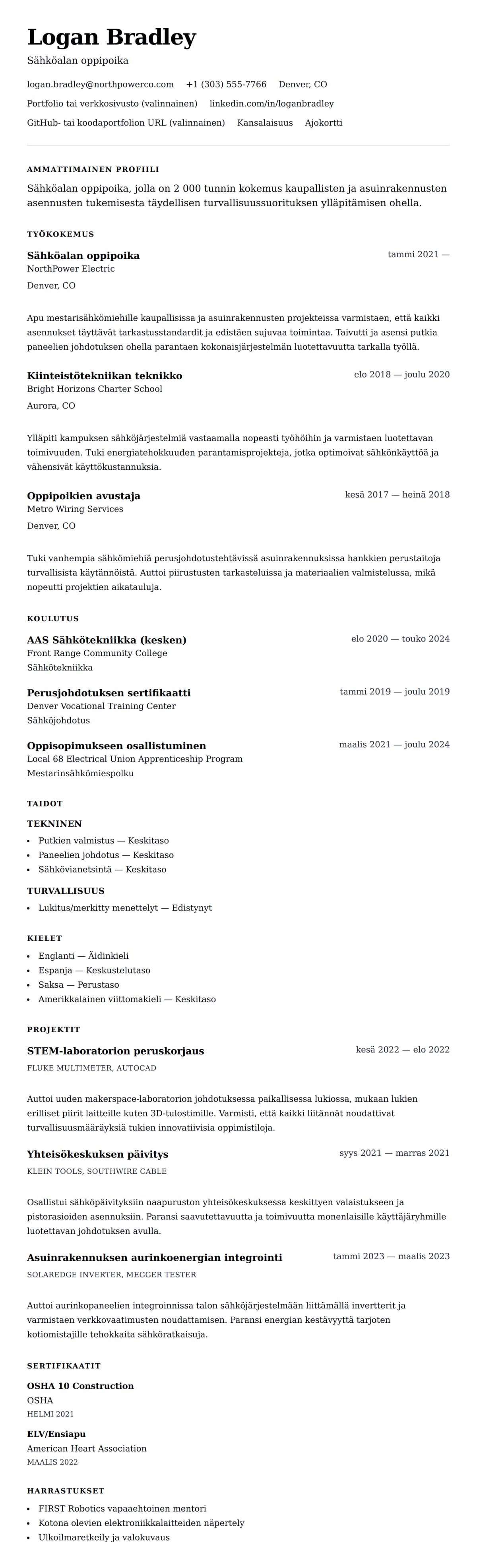 Ansioluetteloesikatselu kohteelle Sähköasentajan oppipojan ansioluettelo esimerkki