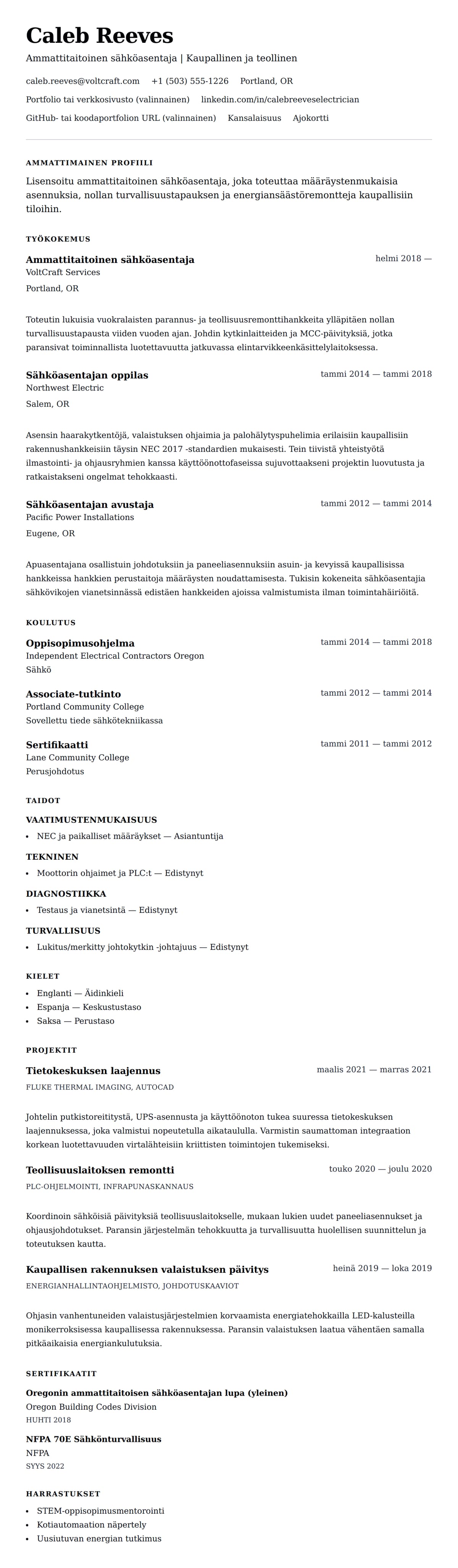 Ansioluetteloesikatselu kohteelle Sähköasentajan ansioluettelo -esimerkki