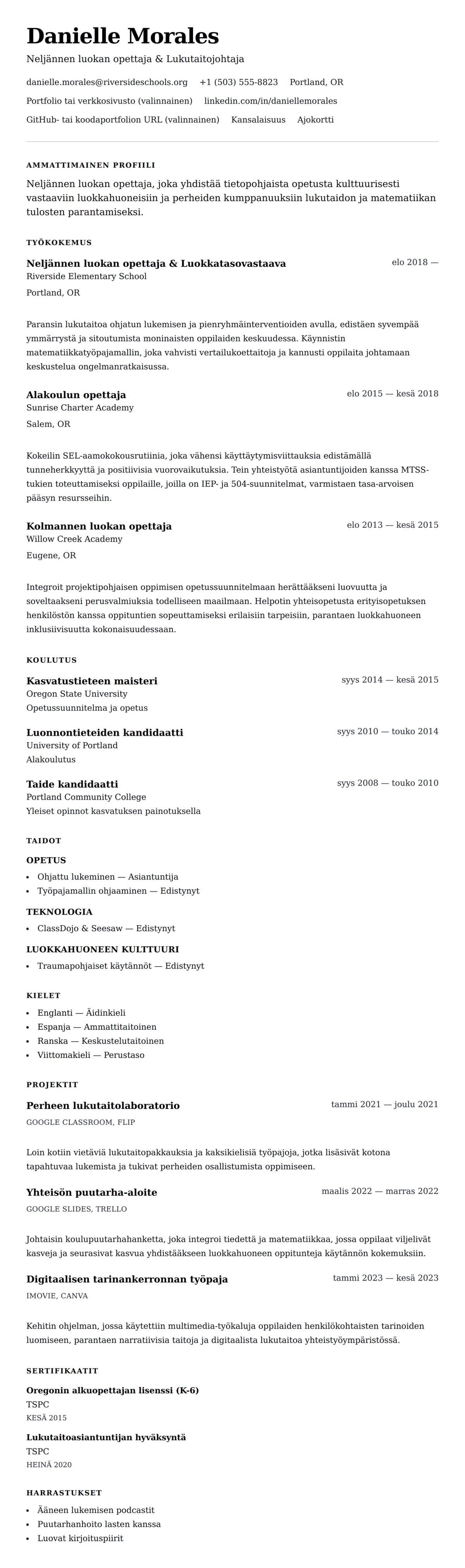 Ansioluetteloesikatselu kohteelle Alakoulun opettajan ansioluetteloesimerkki