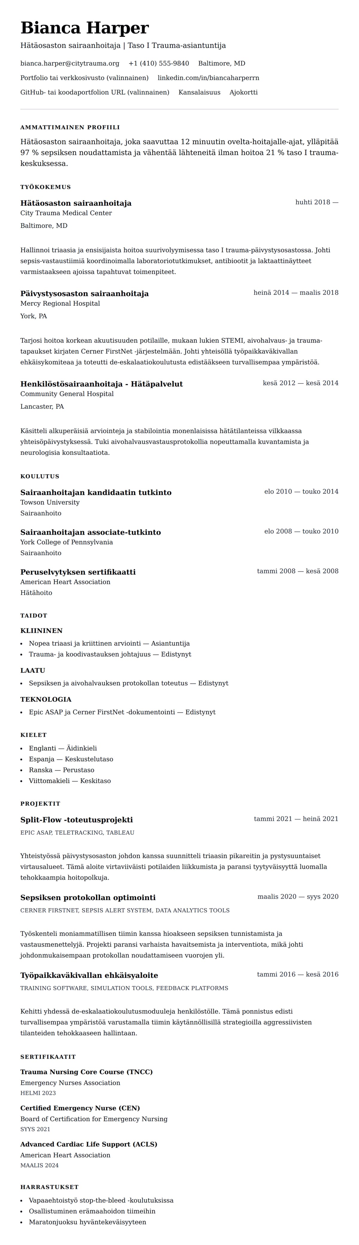 Ansioluetteloesikatselu kohteelle Hätäosaston (HO) sairaanhoitajan ansioluetteloesimerkki