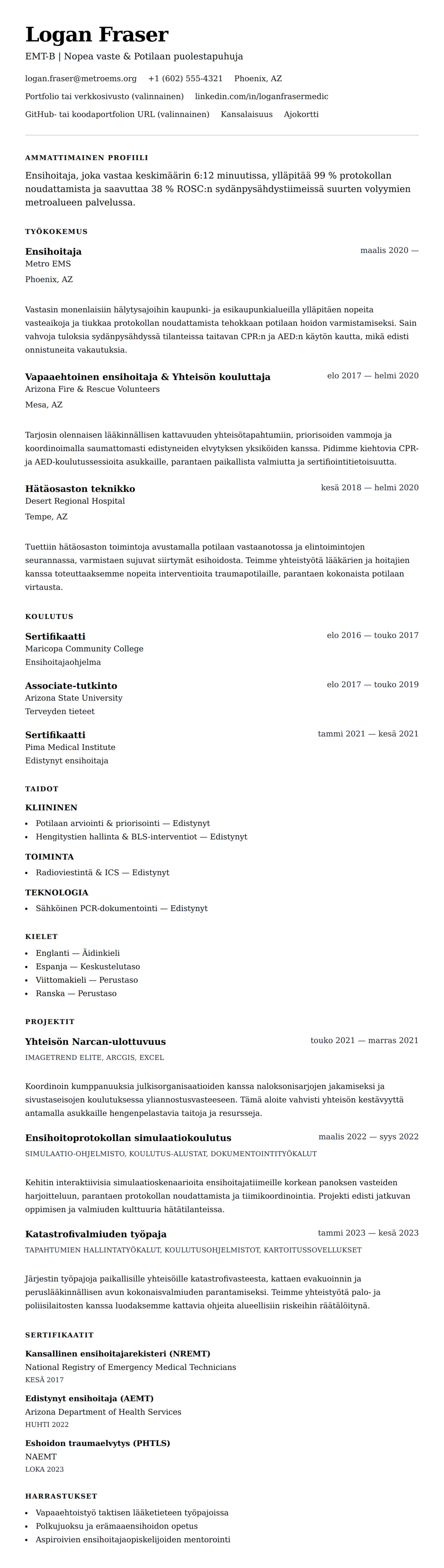 Ansioluetteloesikatselu kohteelle Ensihoitajan (EMT) ansioluettelon esimerkki