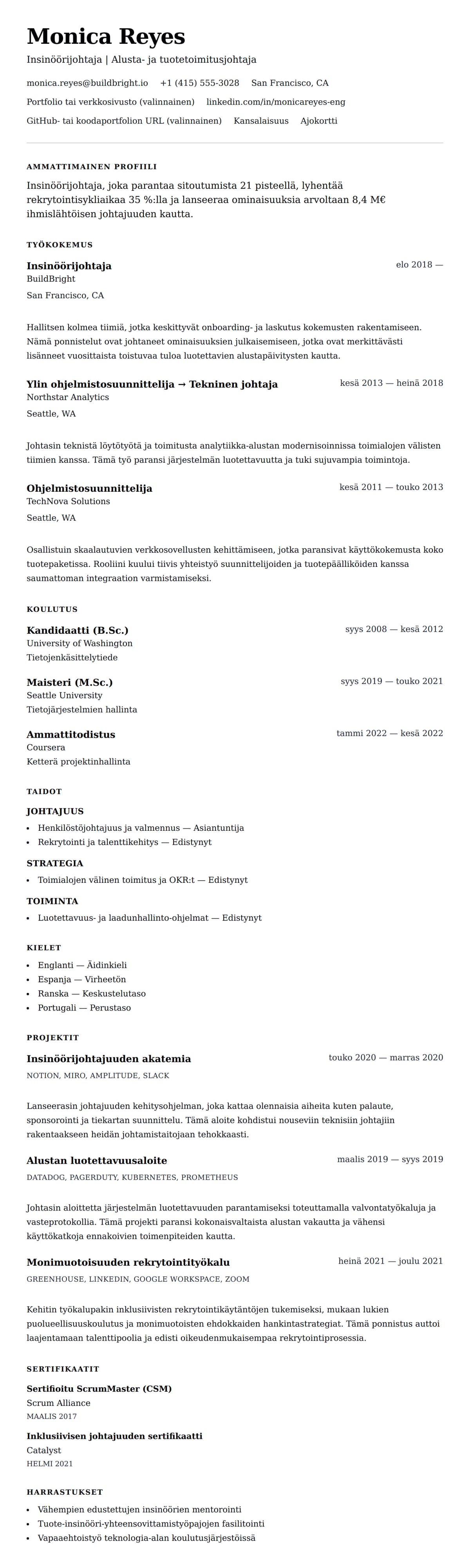 Ansioluetteloesikatselu kohteelle Insinöörijohtajan ansioluetteloesimerkki