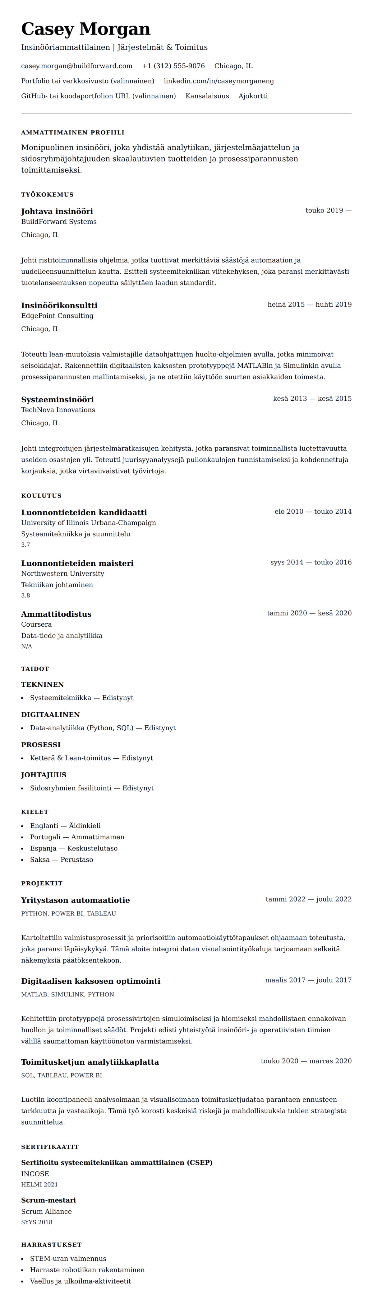 Ansioluetteloesikatselu kohteelle Insinöörin CV-esimerkki