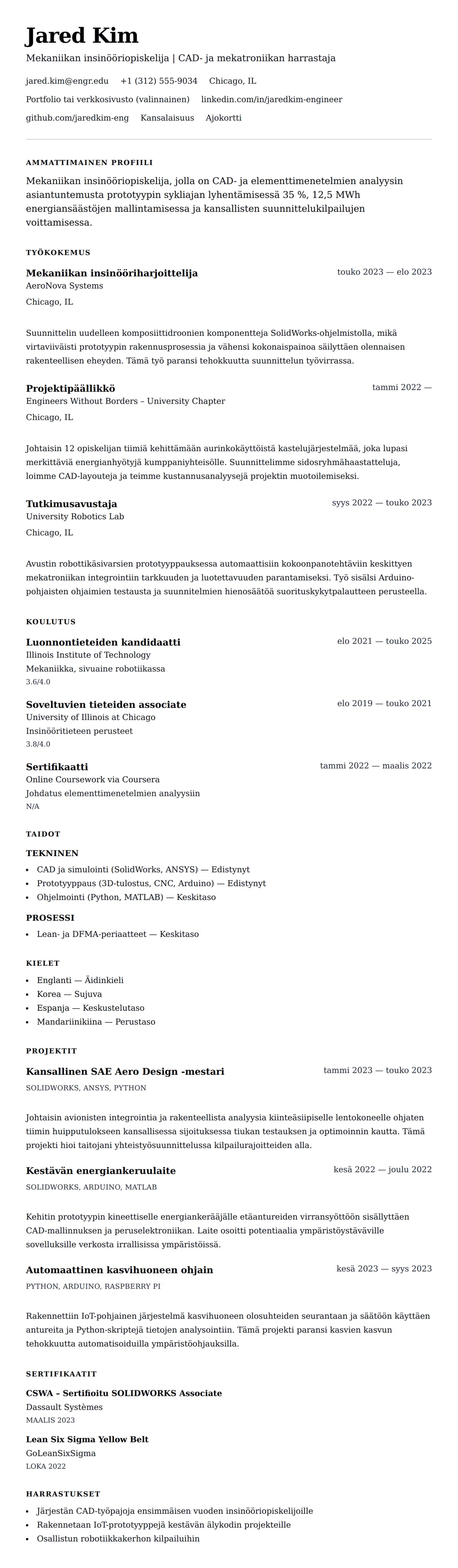 Ansioluetteloesikatselu kohteelle Insinööriopiskelijan ansioluetteloesimerkki